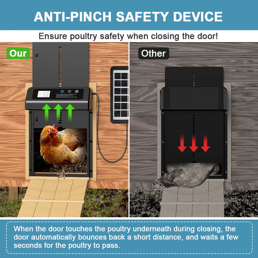 Solar Automatic Chicken Coop Door — Auto Timer, Anti-Pinch Safety, Stainless Steel, Electric Lift Door for Poultry & Pets