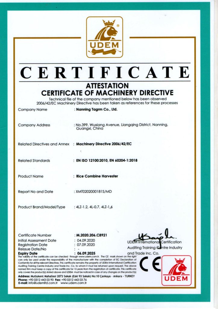 Rice combine harvester machinery directive attestation