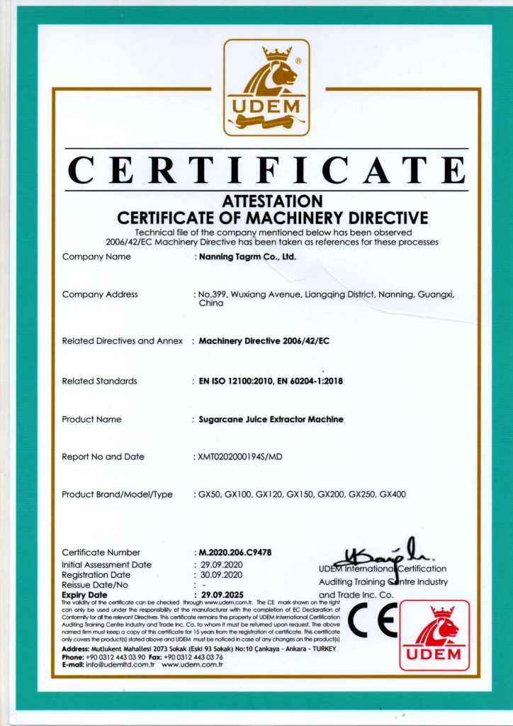 Sugarcane juice extractor machinery directive attestation
